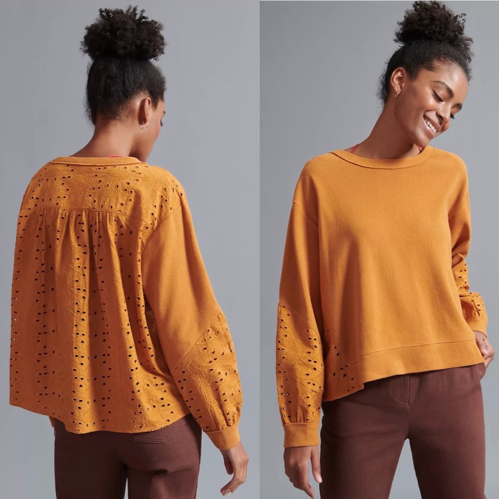 Anthropologie Pilcro Maura Eyelet Lace Sweatshirt Mustard Yellow Size Large